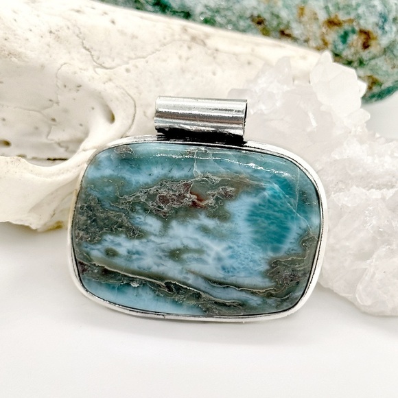 Healing Stones And Crystals Jewelry - LARGE Larimar 925 Silver Plated Gemstone Pendant Necklace